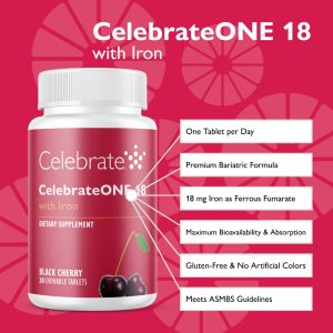 CelebrateONE 18 Once Daily Bariatric Chewable Multivitamin with Iron. Black Cherry