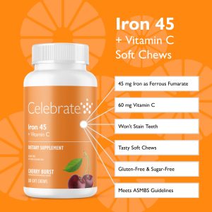 Iron 45 mg  + Vitamin C Soft Chews. Cherry Burst