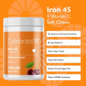 Iron 45 mg  + Vitamin C Soft Chews. Cherry Burst