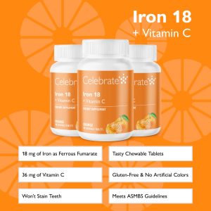 Iron 18 mg + Vitamin C Chewable Tablets. Orange