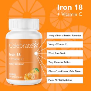 Iron 18 mg + Vitamin C Chewable Tablets. Orange