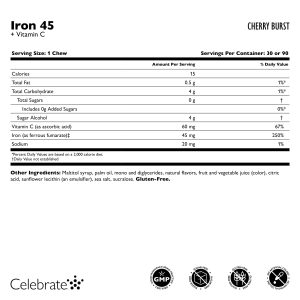 Iron 45 mg  + Vitamin C Soft Chews. Cherry Burst